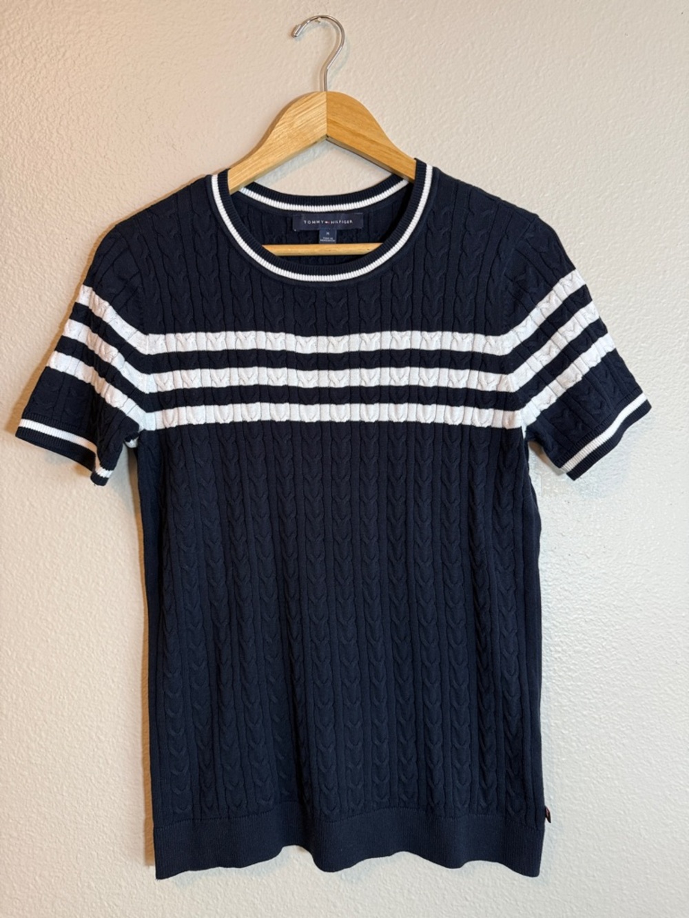 Tommy Hilfiger Medium Navy Cable Knit Sweater Top Preppy Old Money Short Sleeve